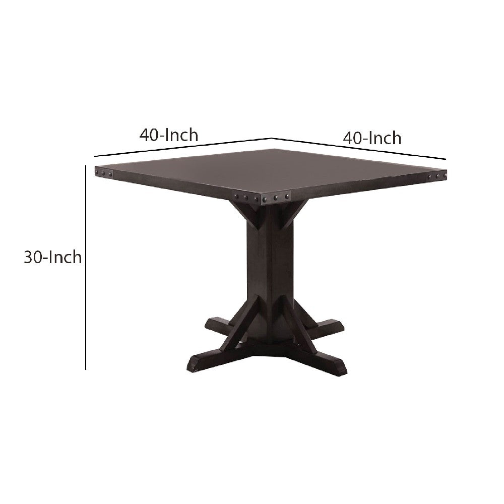 Benzara BM206235 Square Wooden Dining Table With Pedestal Base and Metal Accents, Brown