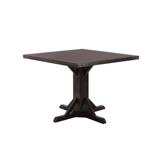 Benzara BM206235 Square Wooden Dining Table With Pedestal Base and Metal Accents, Brown