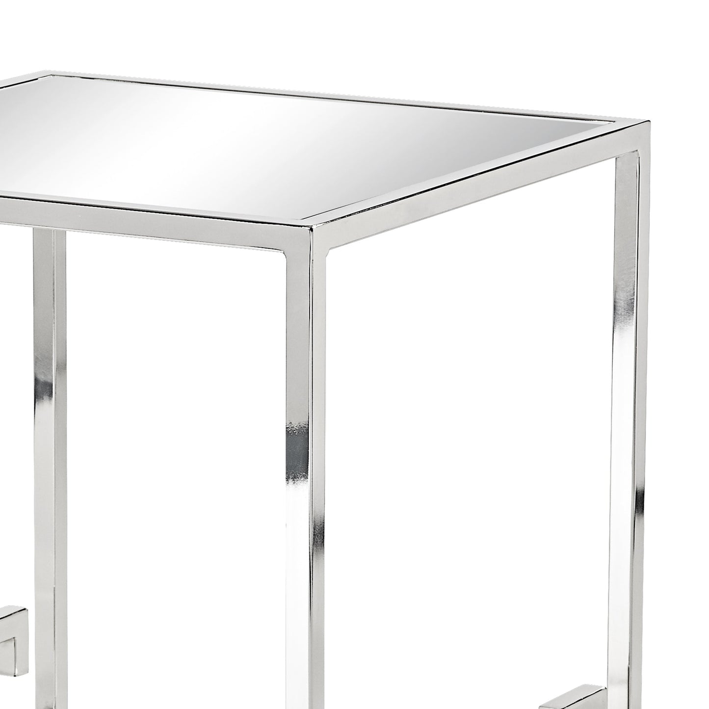 Benzara BM206944 Silver Mirror Top Side Table With Metal Frame and Greek Key Legs