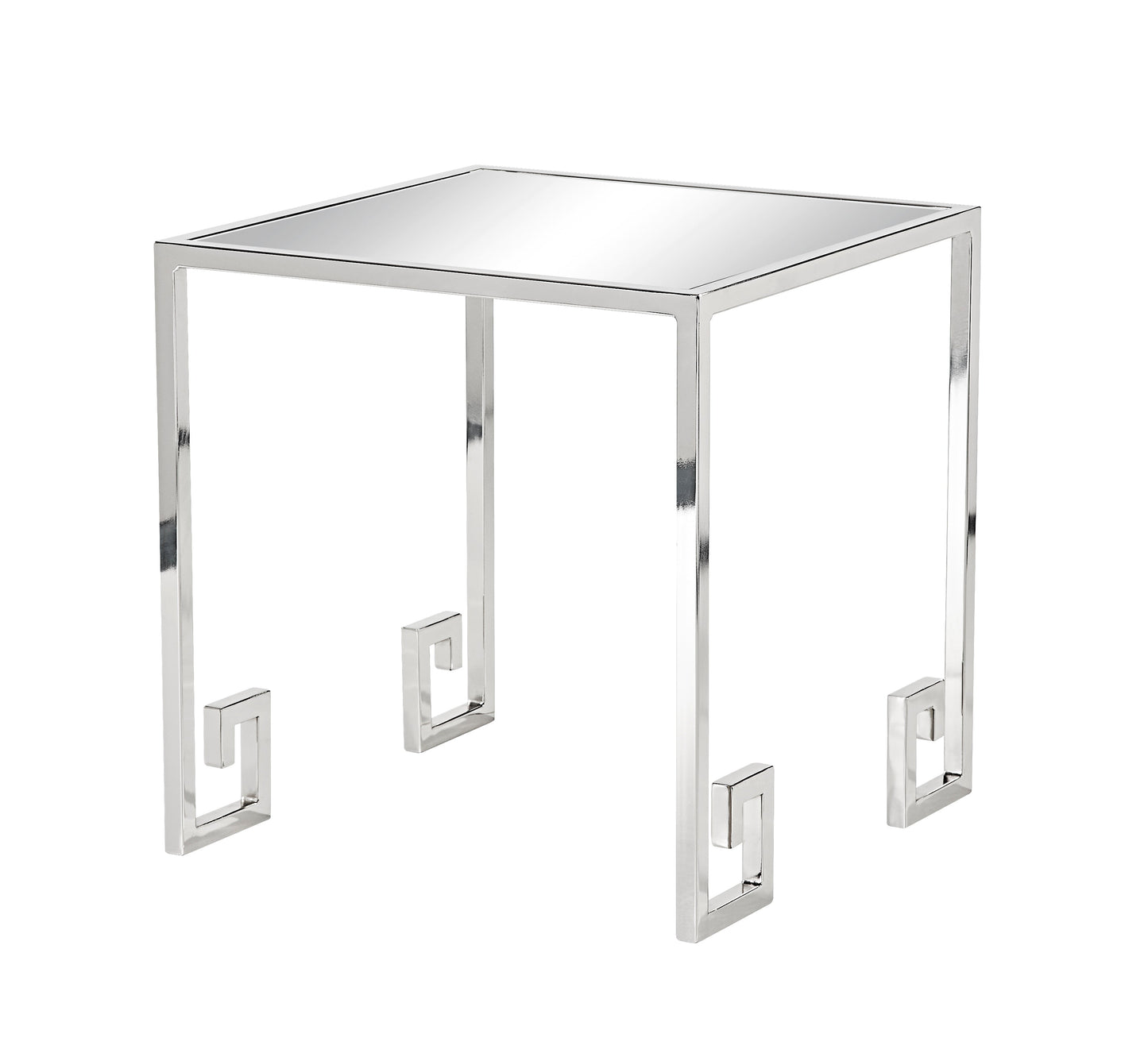 Benzara BM206944 Silver Mirror Top Side Table With Metal Frame and Greek Key Legs