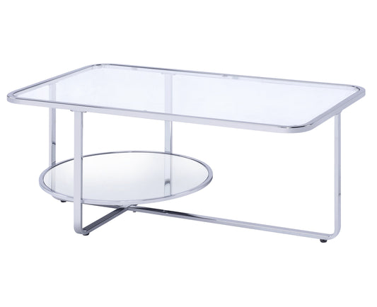 Benzara BM207514 Silver and Clear Contemporary Coffee Table With Round Bottom Shelf