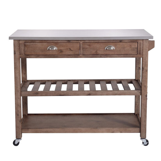 Benzara BM209090 Gray and Brown 2-Drawers Wooden Kitchen Cart With Metal Top and Casters