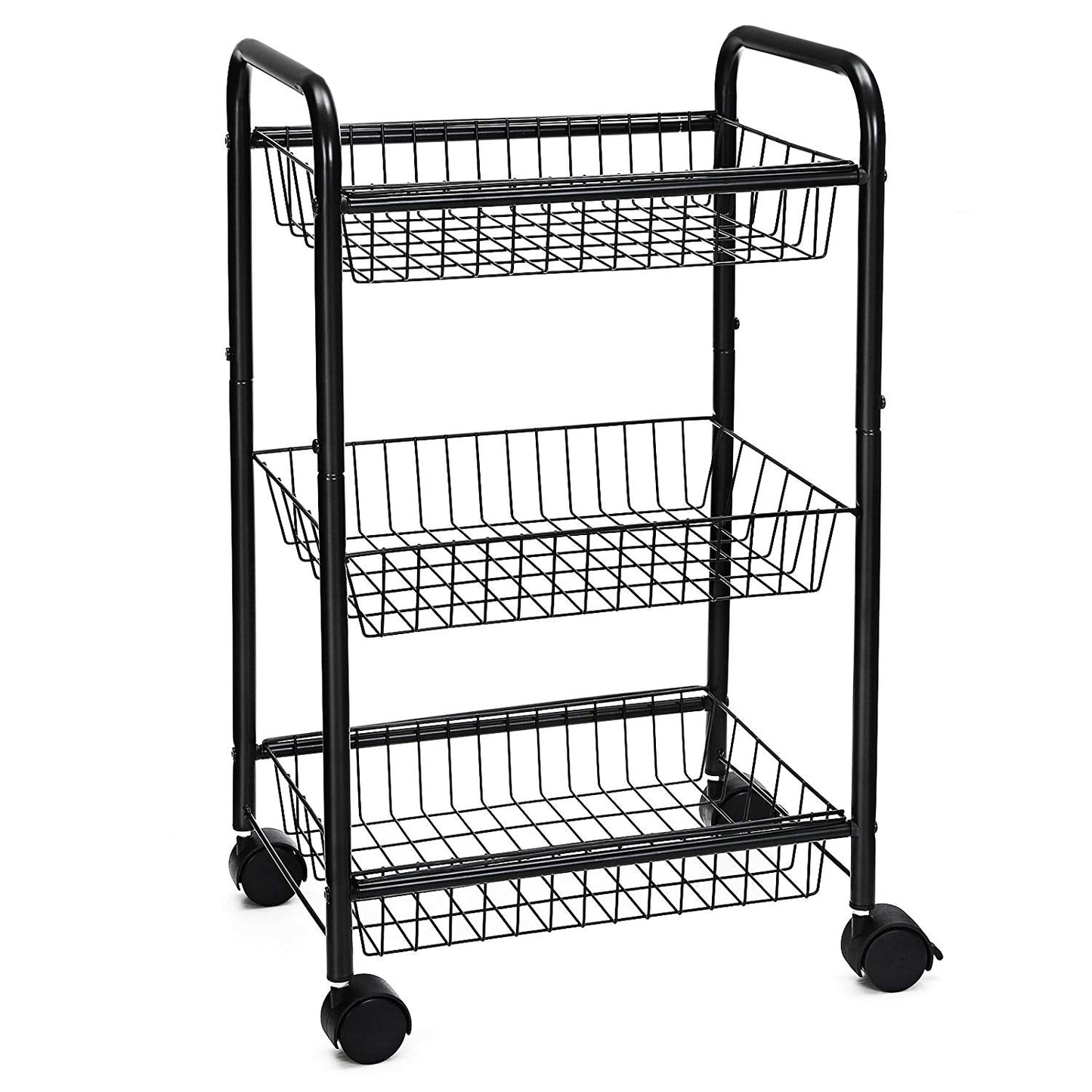 Benzara BM209158 Black 3-Tier Metal Frame Kitchen Cart With Casters and Grid Details