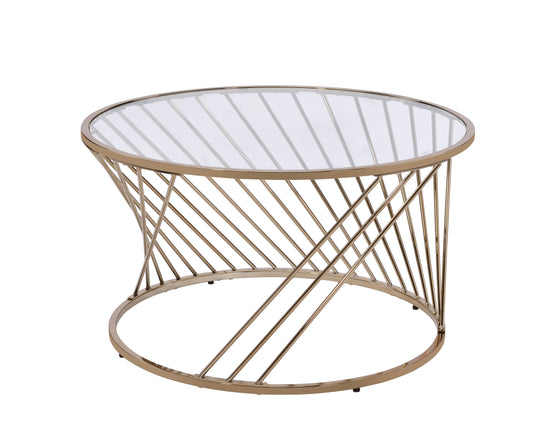 Benzara BM209585 Gold Contemporary Coffee Table With Twisted Metal Base and Round Glass Top