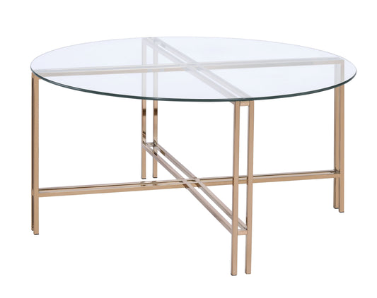 Benzara BM209587 Gold Coffee Table With X Shaped Metal Base and Round Glass Top