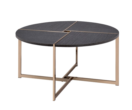 Benzara BM209590 Gold and Gray Coffee Table With X Shaped Metal Base and Round Wooden Top