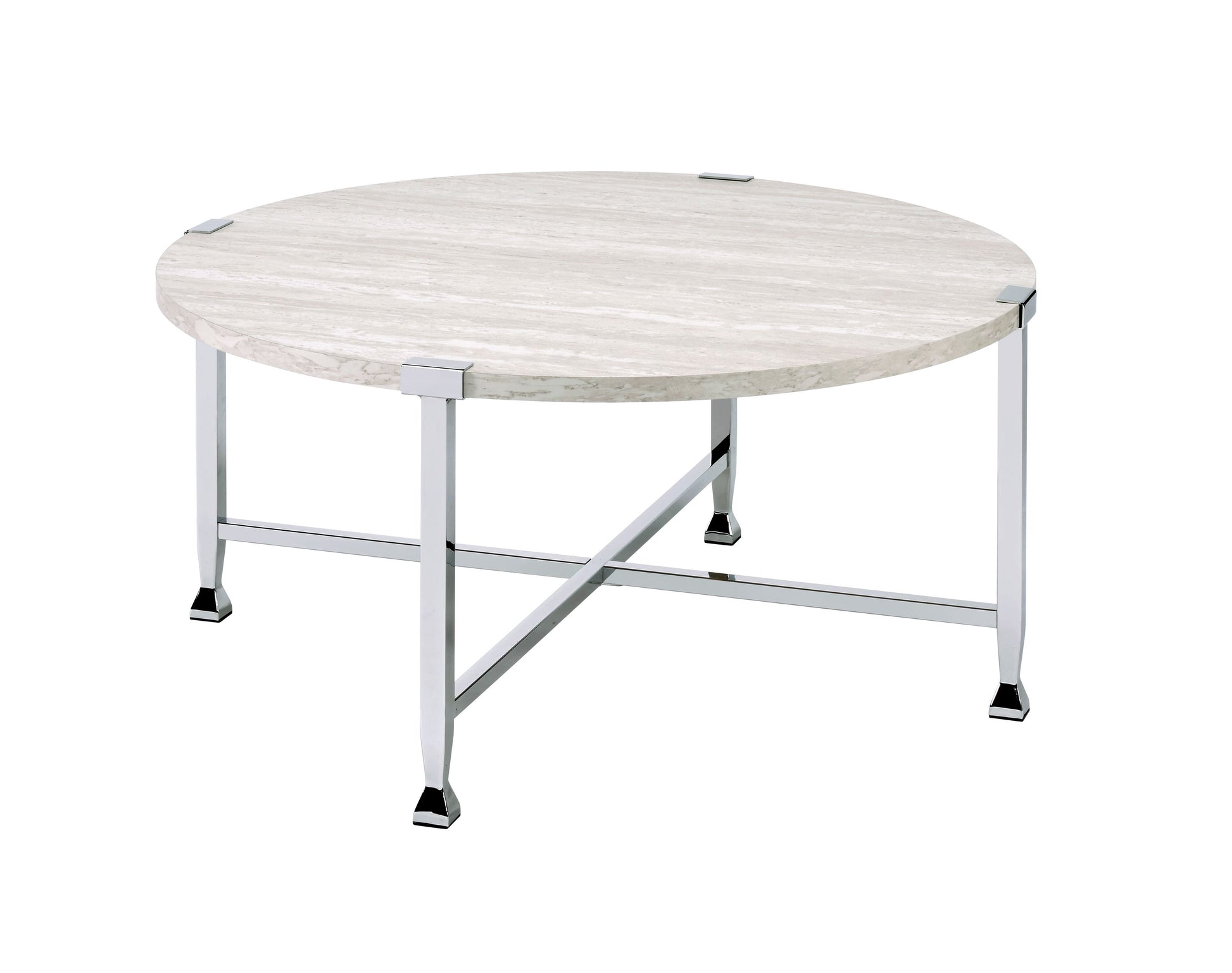 Benzara BM209592 Silver and Beige Coffee Table With X Shaped Metal Base and Round Wooden Top