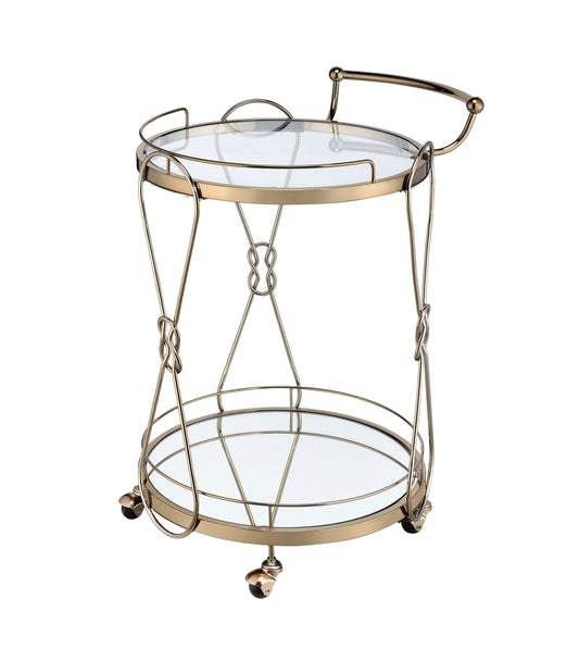 Benzara BM209612 Gold and Clear Serving Cart With 2 Glass Shelves and Caster Support