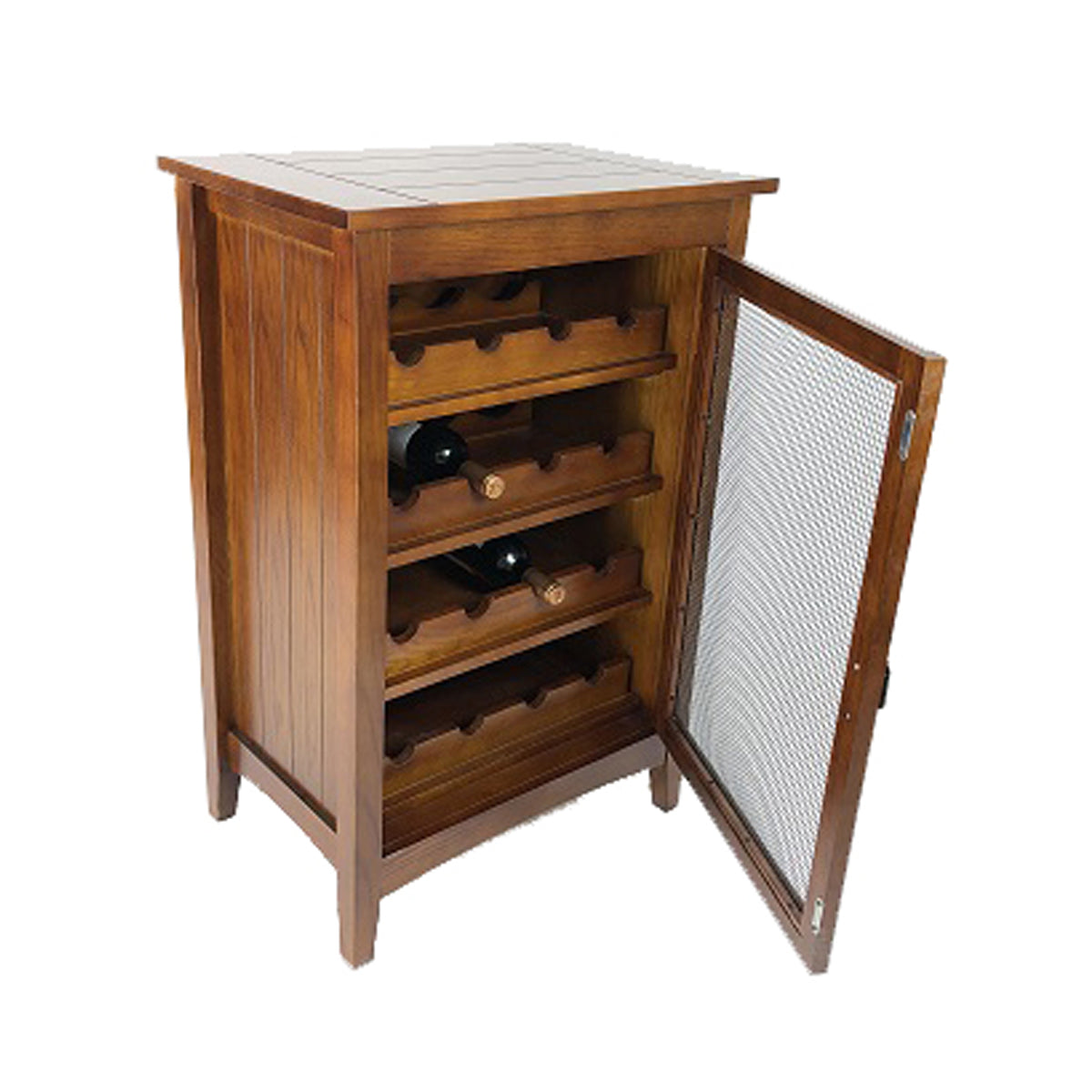 Benzara BM210135 Brown Wooden Wine Cabinet With 1 Wire Mesh Door and 4 Shelves