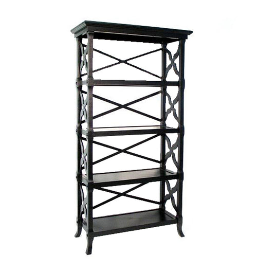 Benzara BM210151 4-Tier Black Wooden Frame Bookstand With Carved Criss Cross Sides and Back