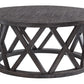 Benzara BM210836 Gray Plank Style Round Wooden Frame Cocktail Table With Lattice Cut Out