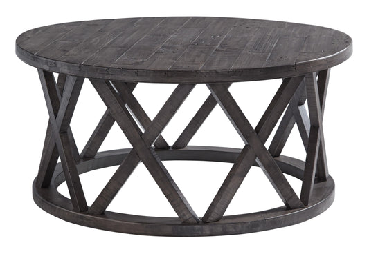 Benzara BM210836 Gray Plank Style Round Wooden Frame Cocktail Table With Lattice Cut Out