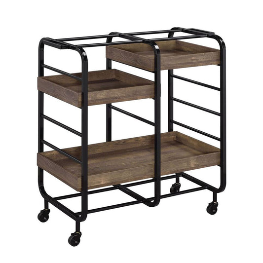 Benzara BM211118 Brown and Black Metal Frame Serving Cart With 3 Open Storage and Casters