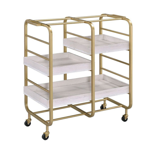 Benzara BM211119 Gold and Washed White Metal Frame Serving Cart With Adjustable Compartments