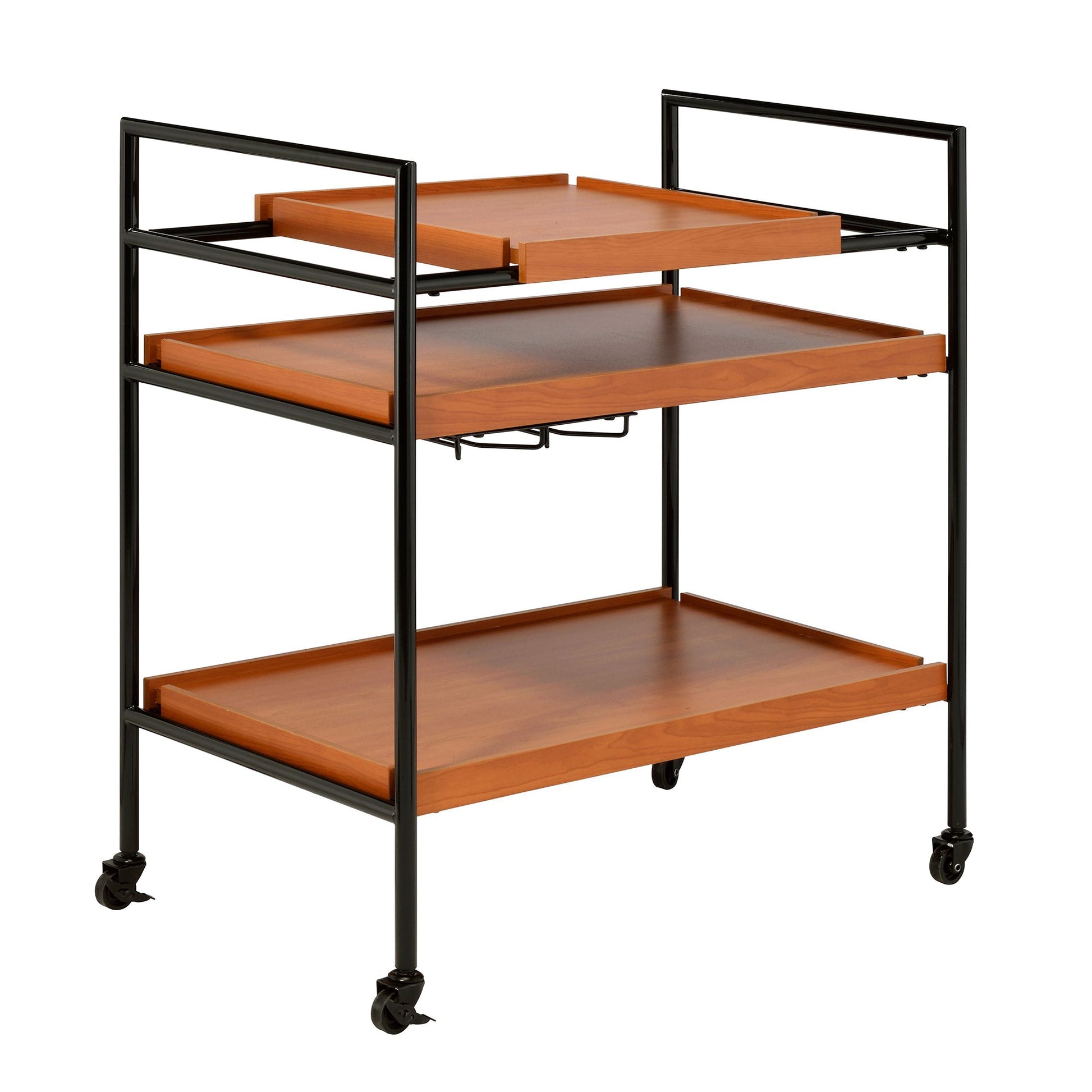 Benzara BM211124 Oak Brown and Black Metal Frame Serving Cart With Adjustable Compartments