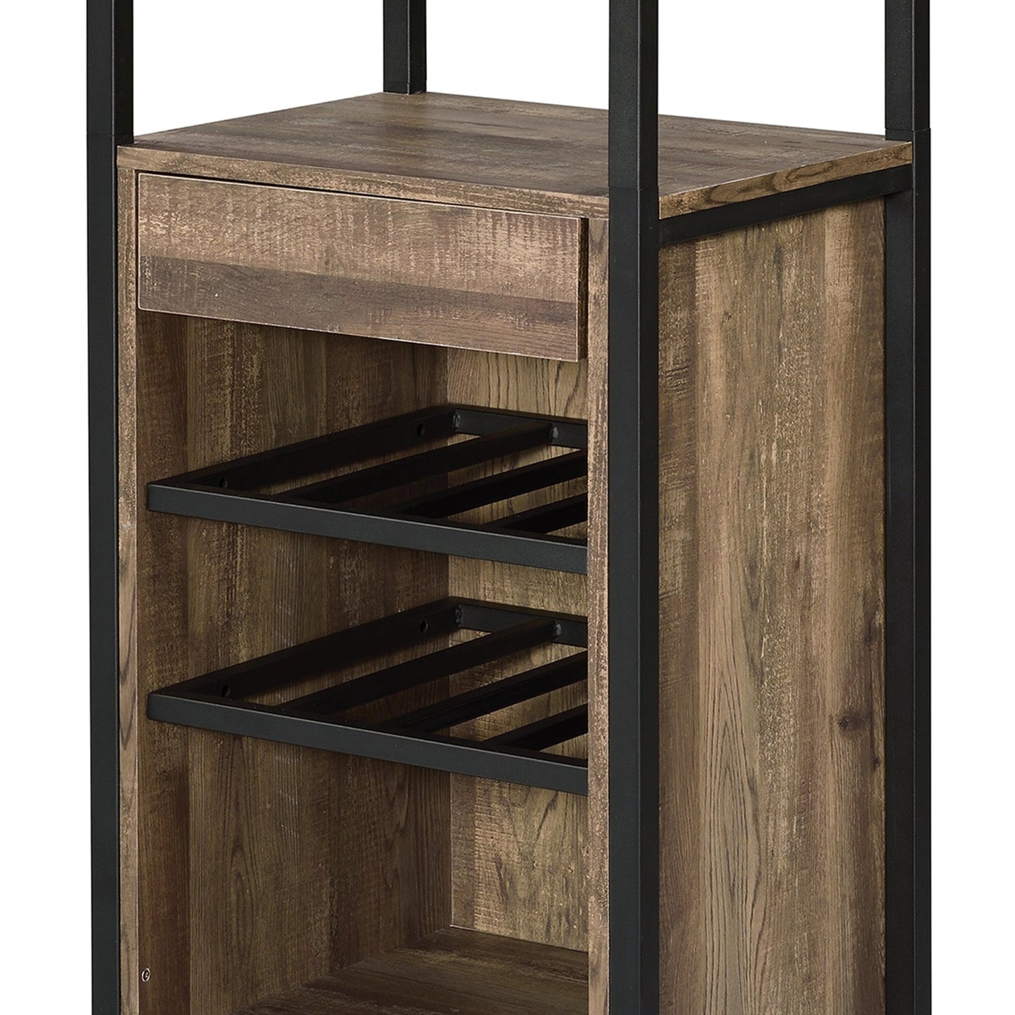 Benzara BM211138 Brown and Black Industrial Wood and Metal Wine Rack With 3 Compartments