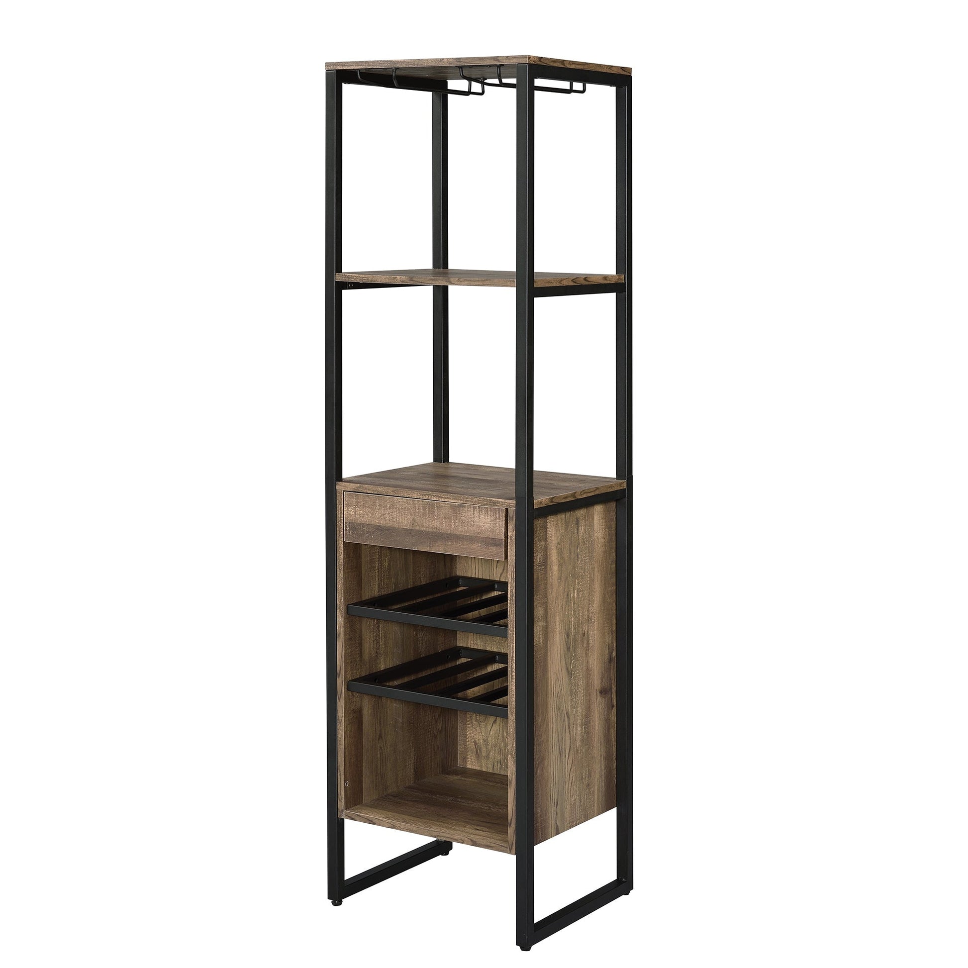 Benzara BM211138 Brown and Black Industrial Wood and Metal Wine Rack With 3 Compartments