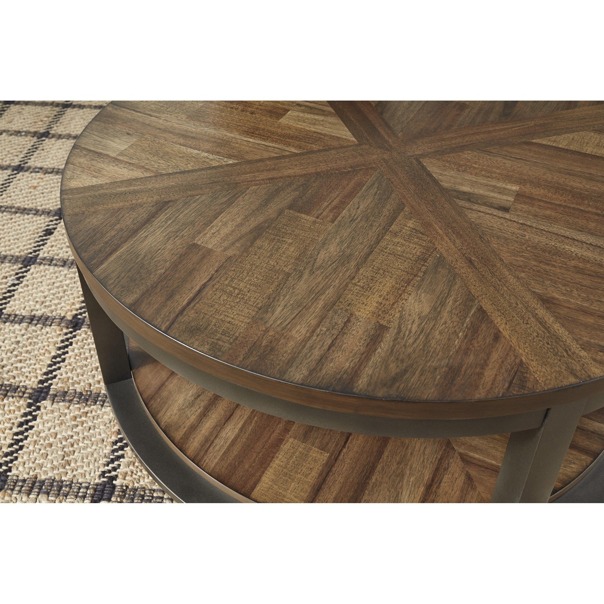 Benzara BM213261 Brown Round Metal Frame Table Set With Wooden Top and Open Bottom Shelf