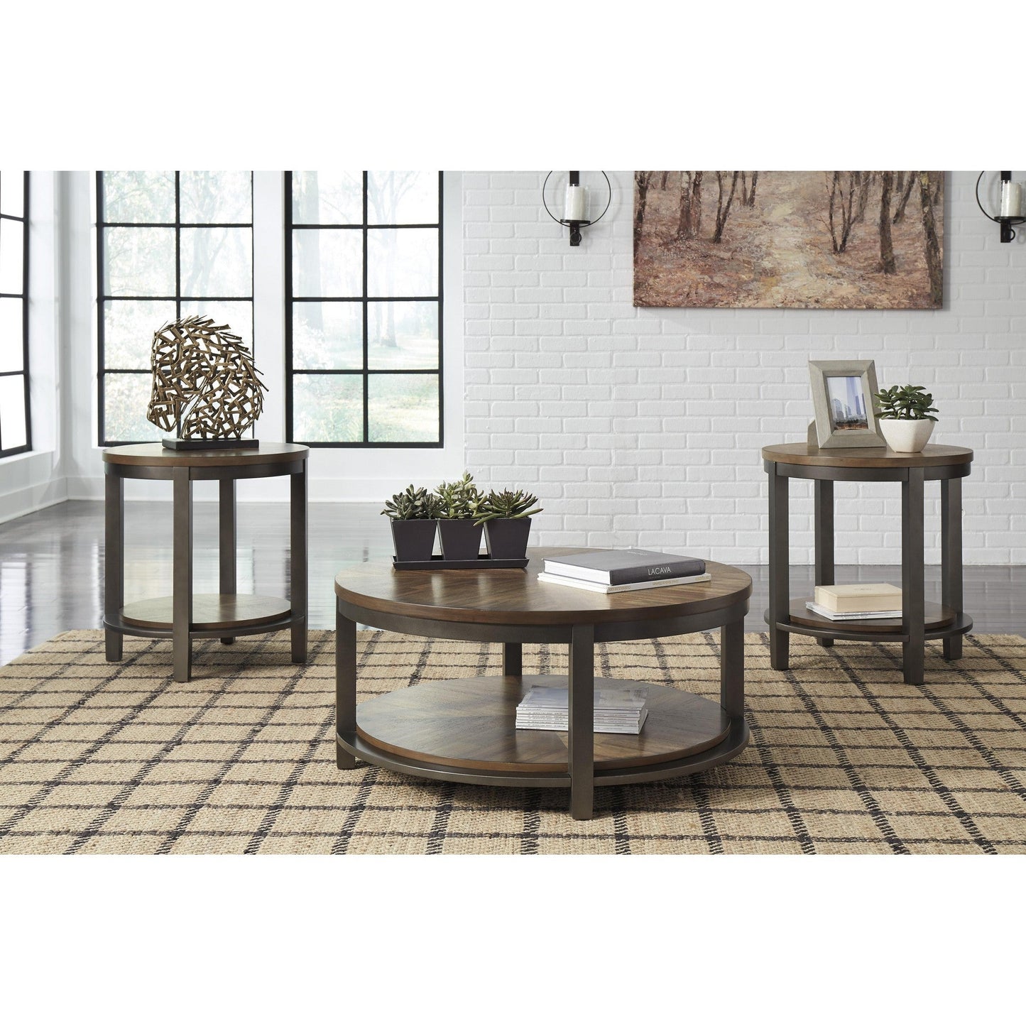 Benzara BM213261 Brown Round Metal Frame Table Set With Wooden Top and Open Bottom Shelf