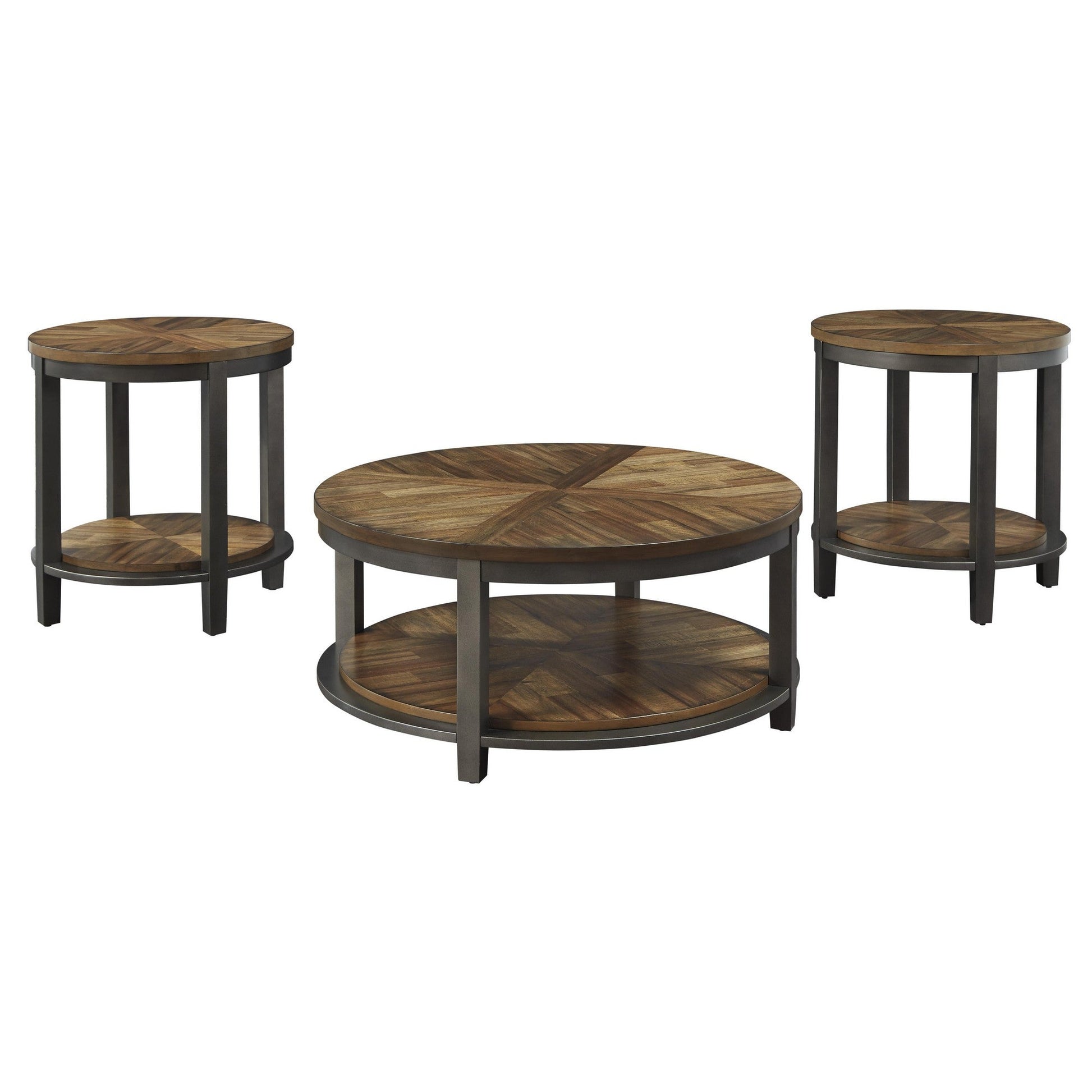 Benzara BM213261 Brown Round Metal Frame Table Set With Wooden Top and Open Bottom Shelf