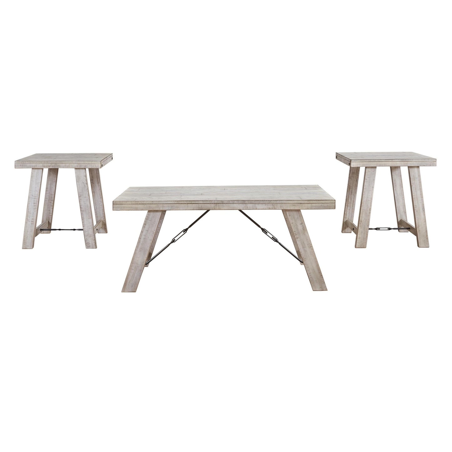 Benzara BM213278 Washed White Wooden Table Set With Canted Legs and Tension Bars