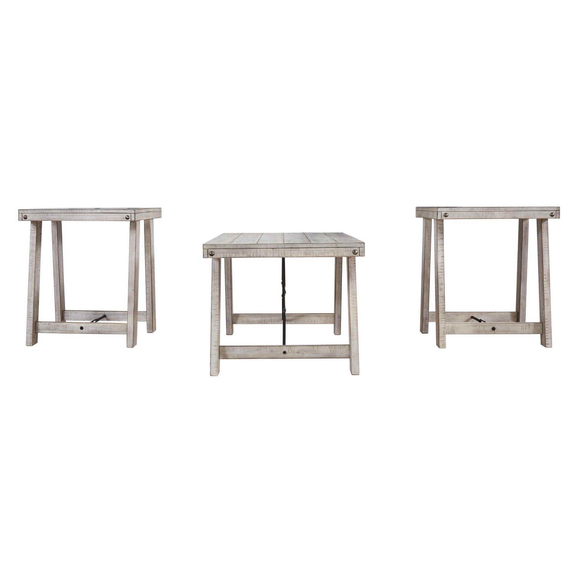 Benzara BM213278 Washed White Wooden Table Set With Canted Legs and Tension Bars