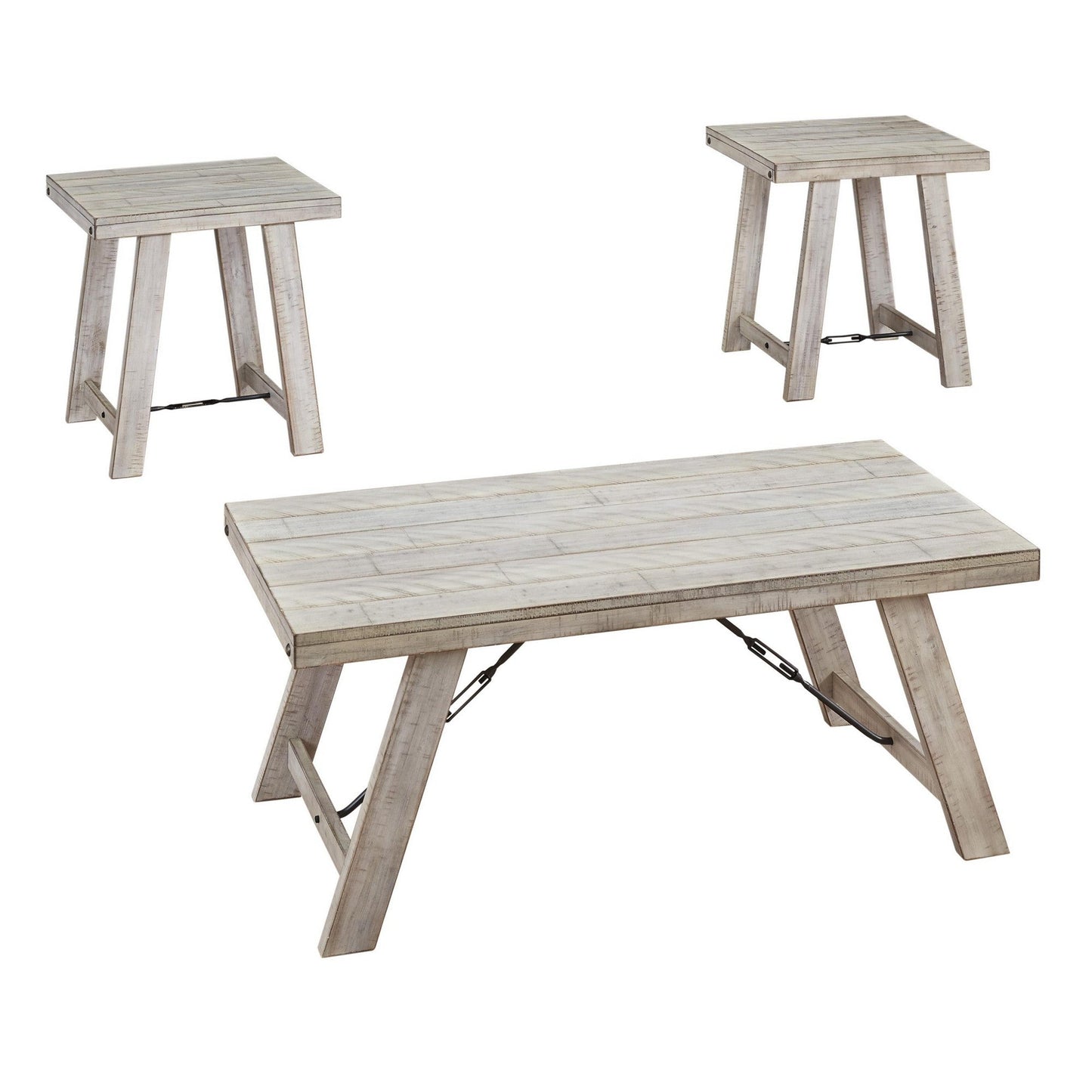 Benzara BM213278 Washed White Wooden Table Set With Canted Legs and Tension Bars