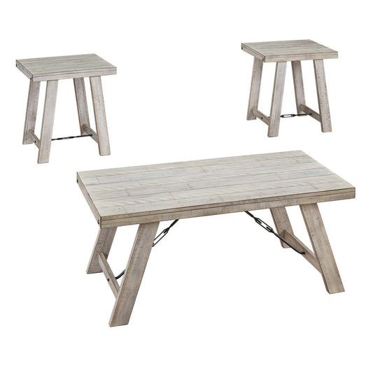 Benzara BM213278 Washed White Wooden Table Set With Canted Legs and Tension Bars