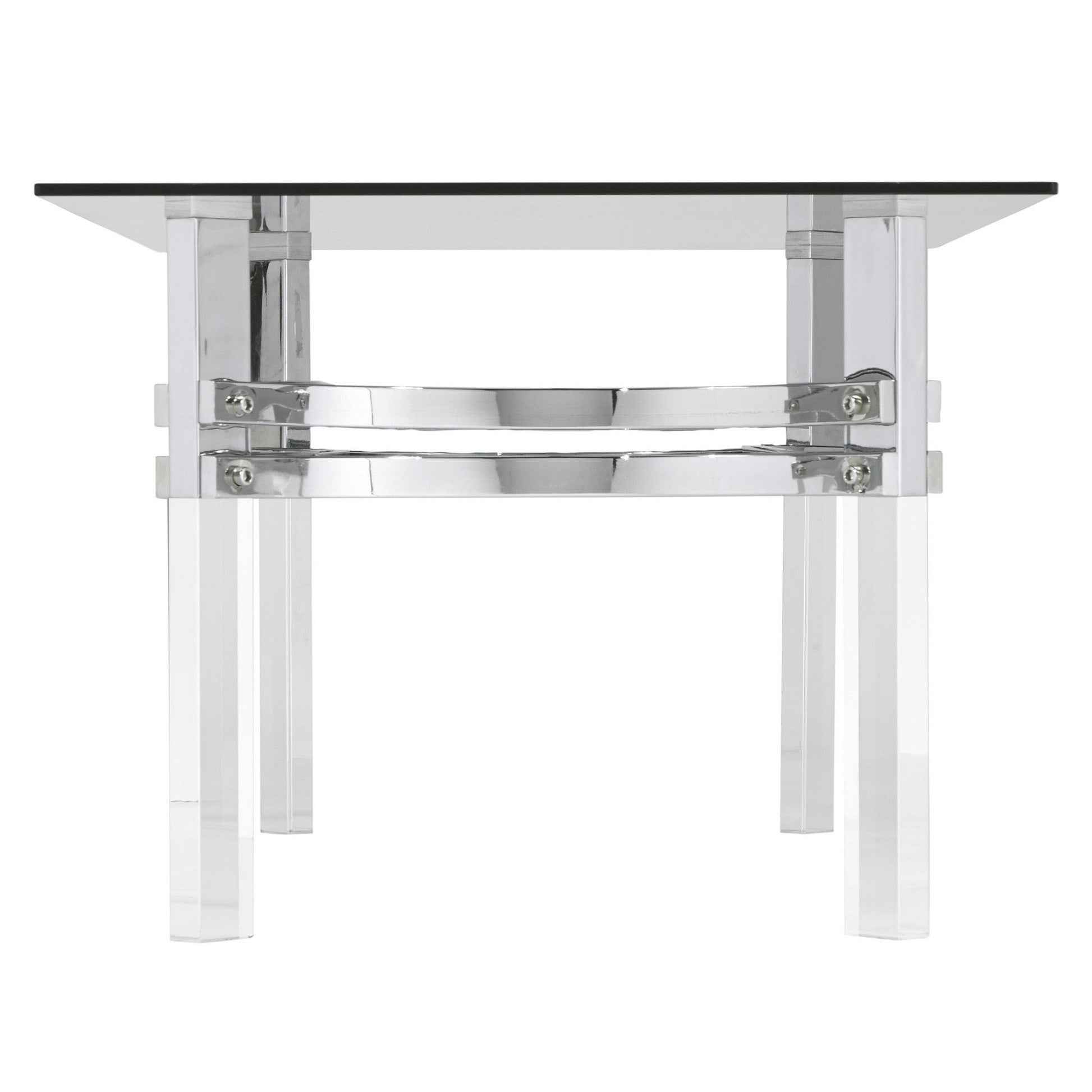 Benzara BM213340 Clear and Chrome Rectangular Glass Top Cocktail Table With Straight Acrylic Legs