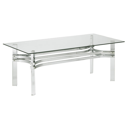 Benzara BM213340 Clear and Chrome Rectangular Glass Top Cocktail Table With Straight Acrylic Legs