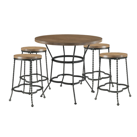 Benzara BM214965 5 Piece Counter Height Set With 1 Table and 4 Stools, Brown and Black