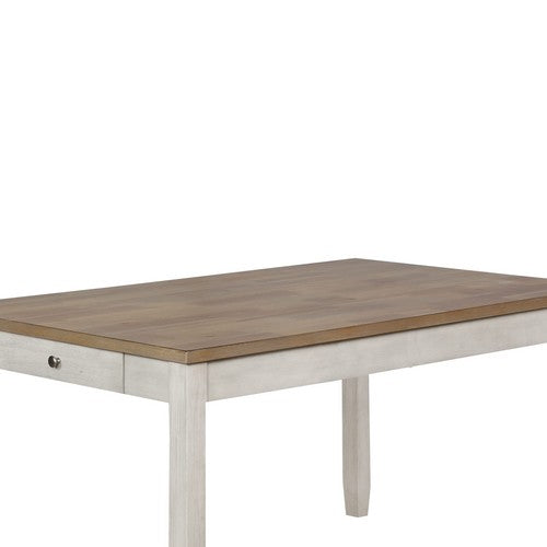 Benzara BM215356 Wooden Dining Table With Side Drawer and Chamfered Feet, White and Brown