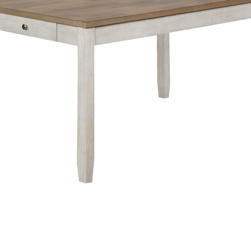 Benzara BM215356 Wooden Dining Table With Side Drawer and Chamfered Feet, White and Brown