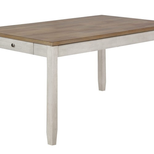 Benzara BM215356 Wooden Dining Table With Side Drawer and Chamfered Feet, White and Brown