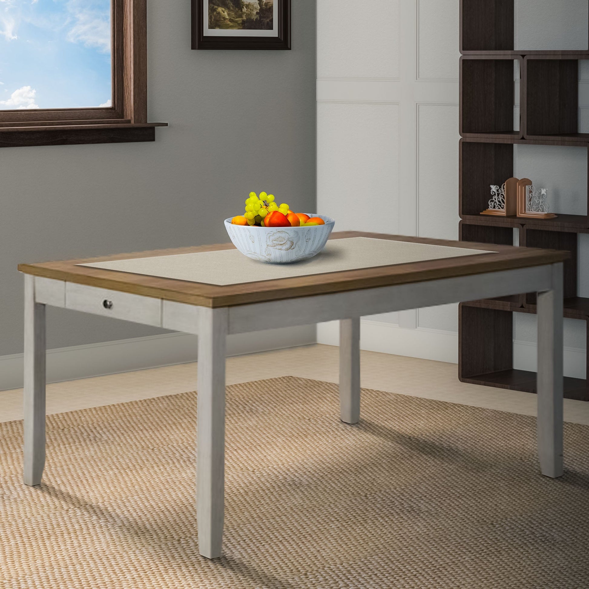 Benzara BM215356 Wooden Dining Table With Side Drawer and Chamfered Feet, White and Brown