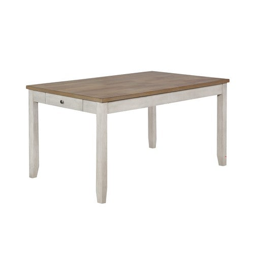 Benzara BM215356 Wooden Dining Table With Side Drawer and Chamfered Feet, White and Brown