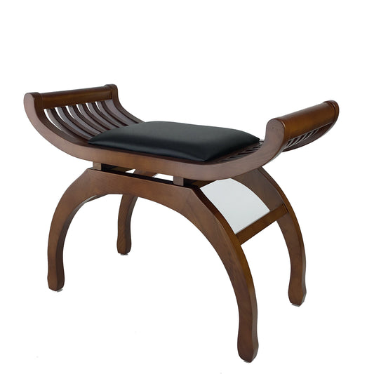 Benzara BM215619 Brown Curved Design Mission Stool With Leatherette Seat and Slatted Sides