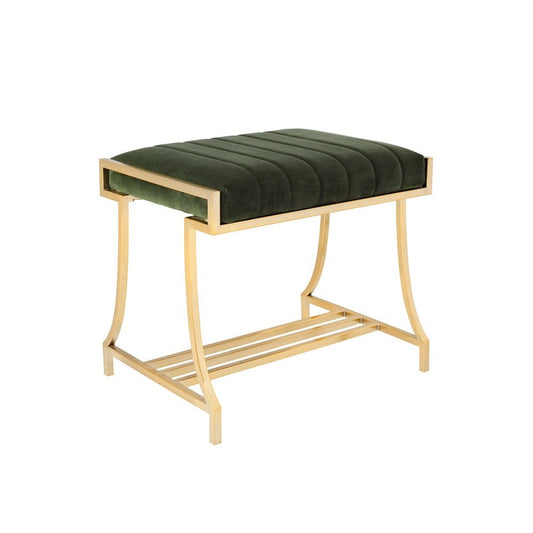 Benzara BM215835 Green and Gold Channel Tufted Fabric Vanity Stool With Metal Legs