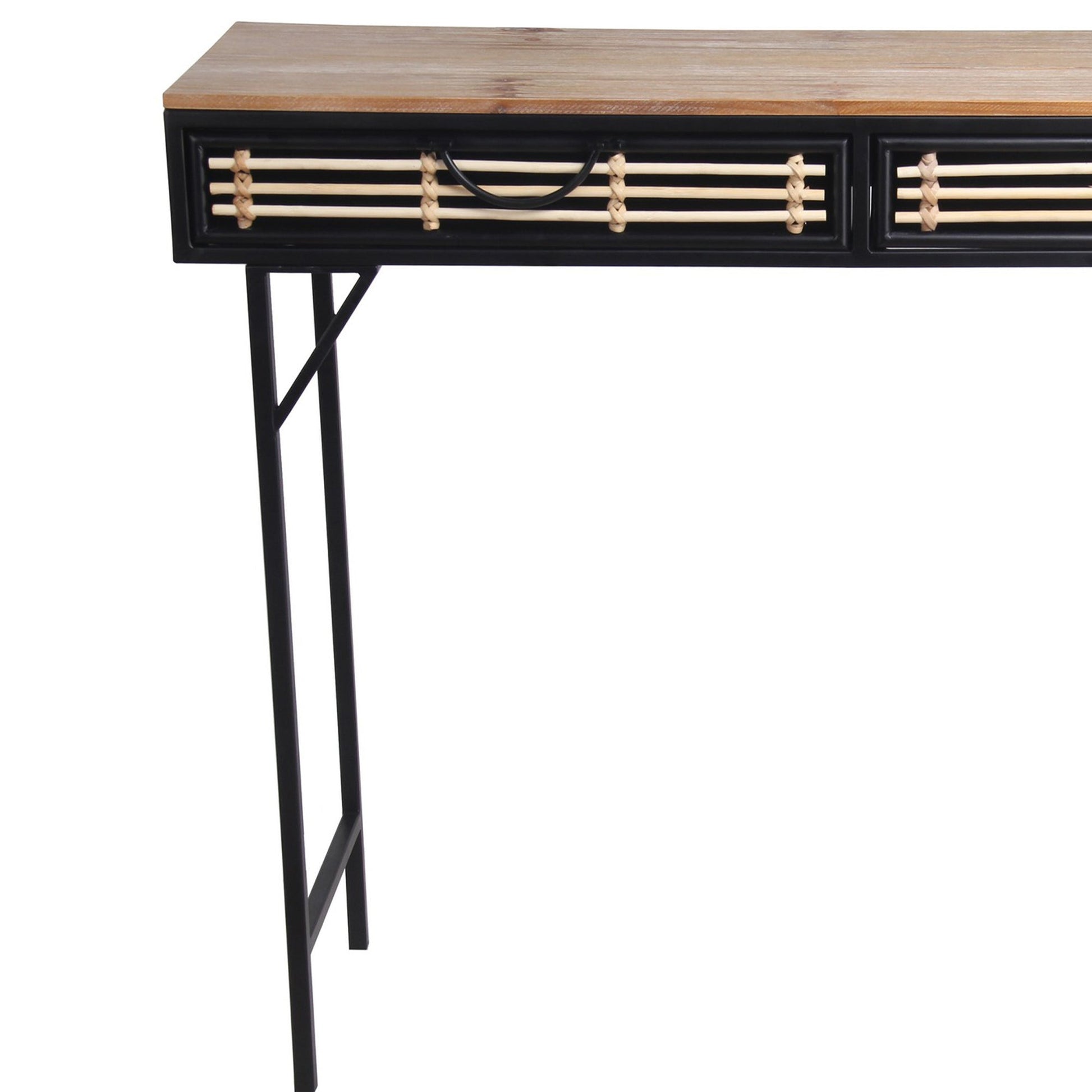 Benzara BM216842 Black and Brown Wooden Top Metal Frame Accent Table With 2 Slatted Doors,