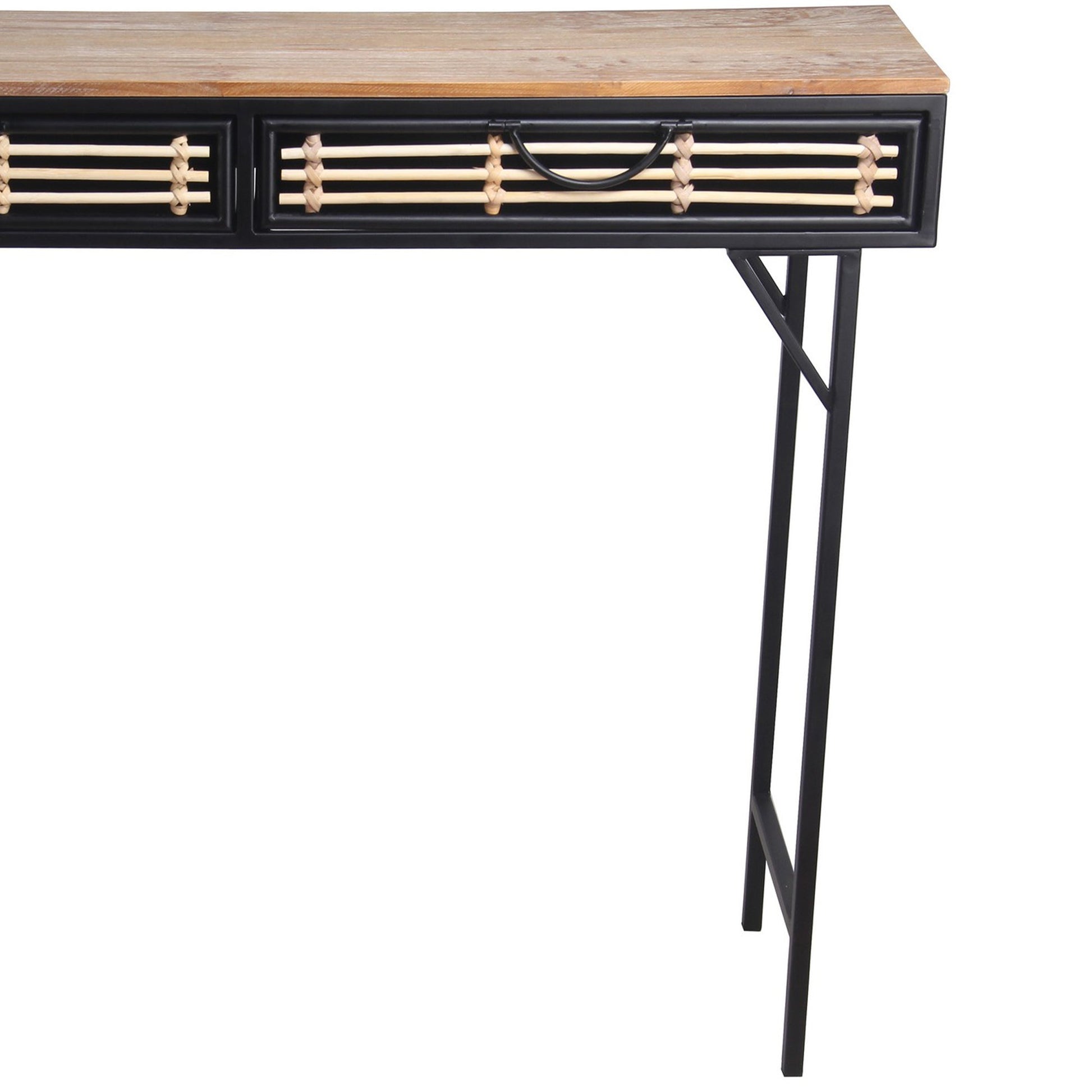 Benzara BM216842 Black and Brown Wooden Top Metal Frame Accent Table With 2 Slatted Doors,