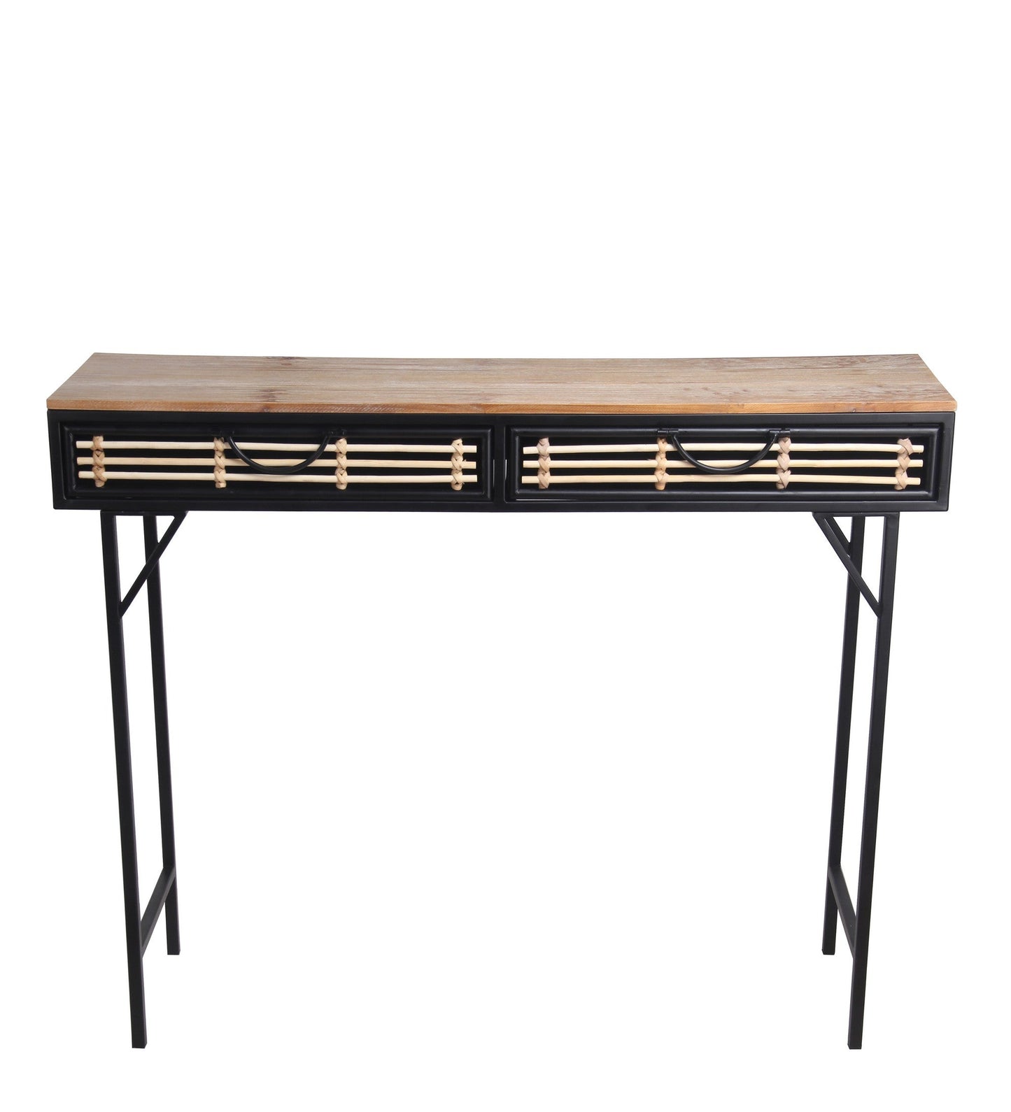 Benzara BM216842 Black and Brown Wooden Top Metal Frame Accent Table With 2 Slatted Doors,