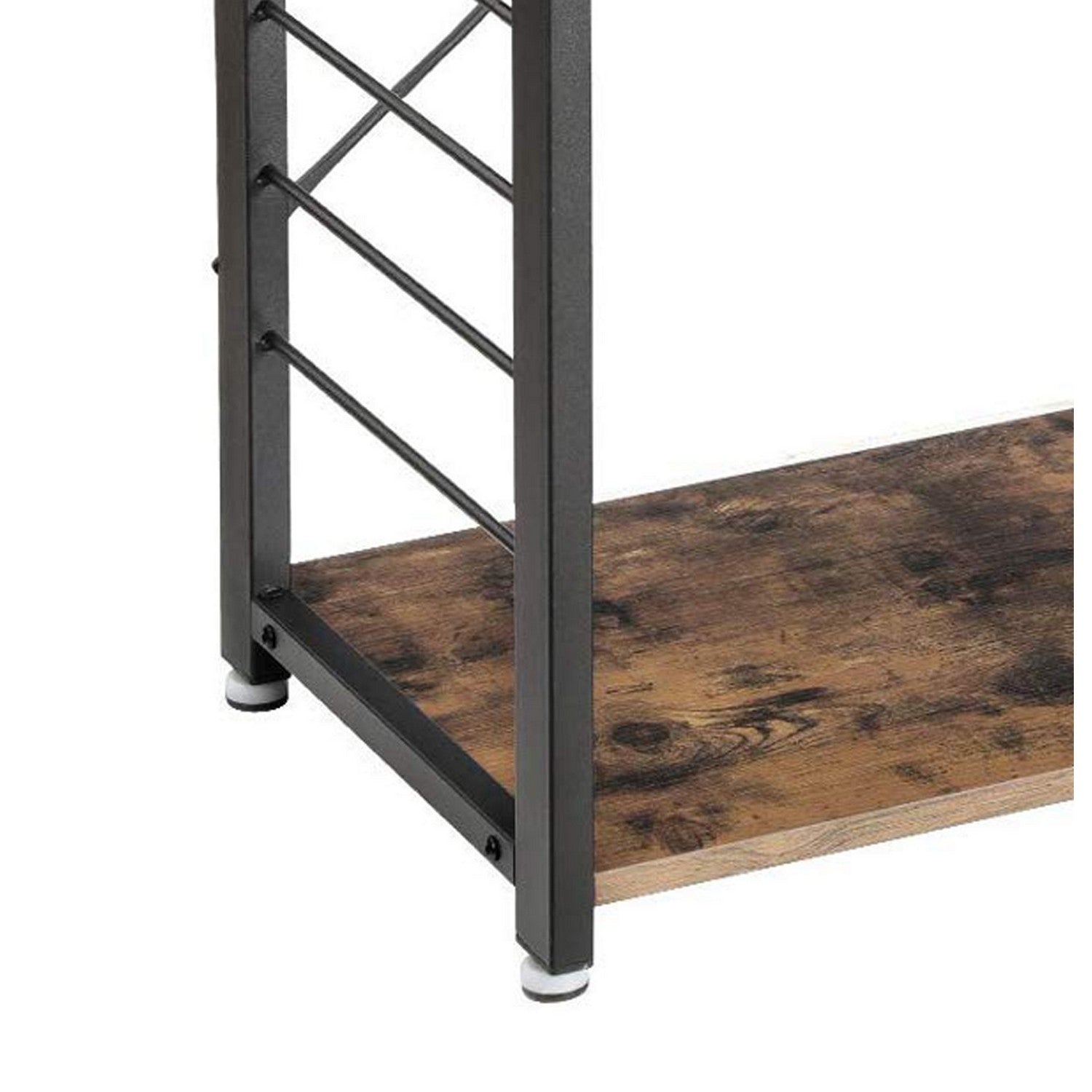 Benzara BM217095 Brown and Black Wood and Metal Bakers Rack With 4 Shelves and Wire Basket