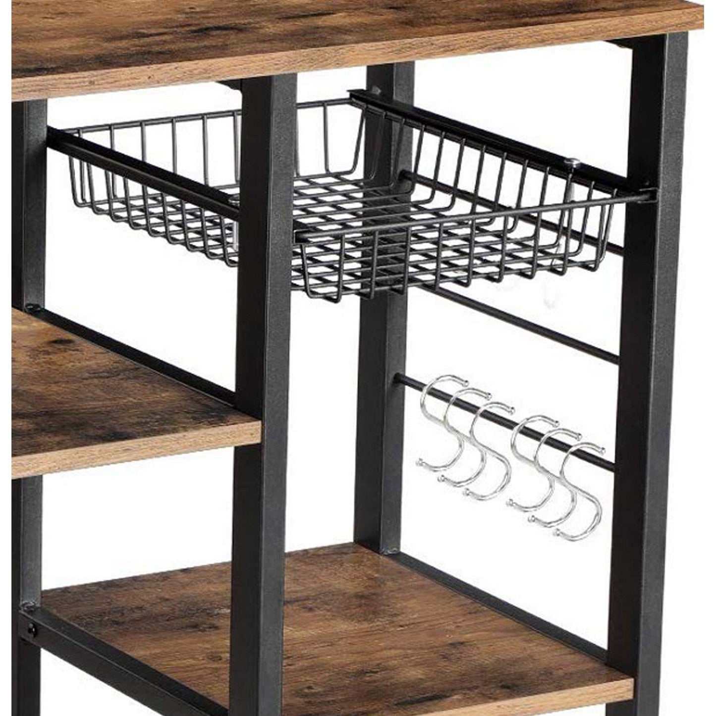 Benzara BM217095 Brown and Black Wood and Metal Bakers Rack With 4 Shelves and Wire Basket