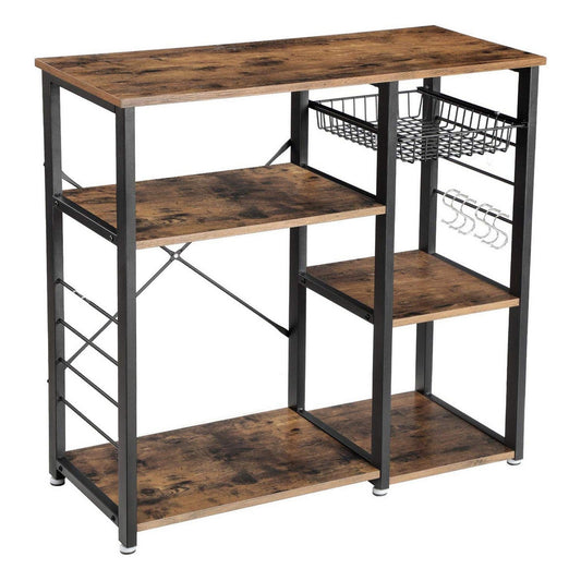 Benzara BM217095 Brown and Black Wood and Metal Bakers Rack With 4 Shelves and Wire Basket