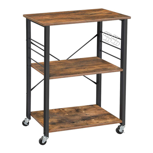 Benzara BM217096 Rustic Brown and Black 3-Tier Wood and Metal Kitchen Cart With Casters