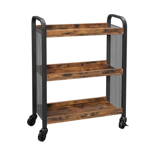 Benzara BM217103 Brown and Black 3-Tier Wood and Metal Kitchen Cart With Mesh Side Panel