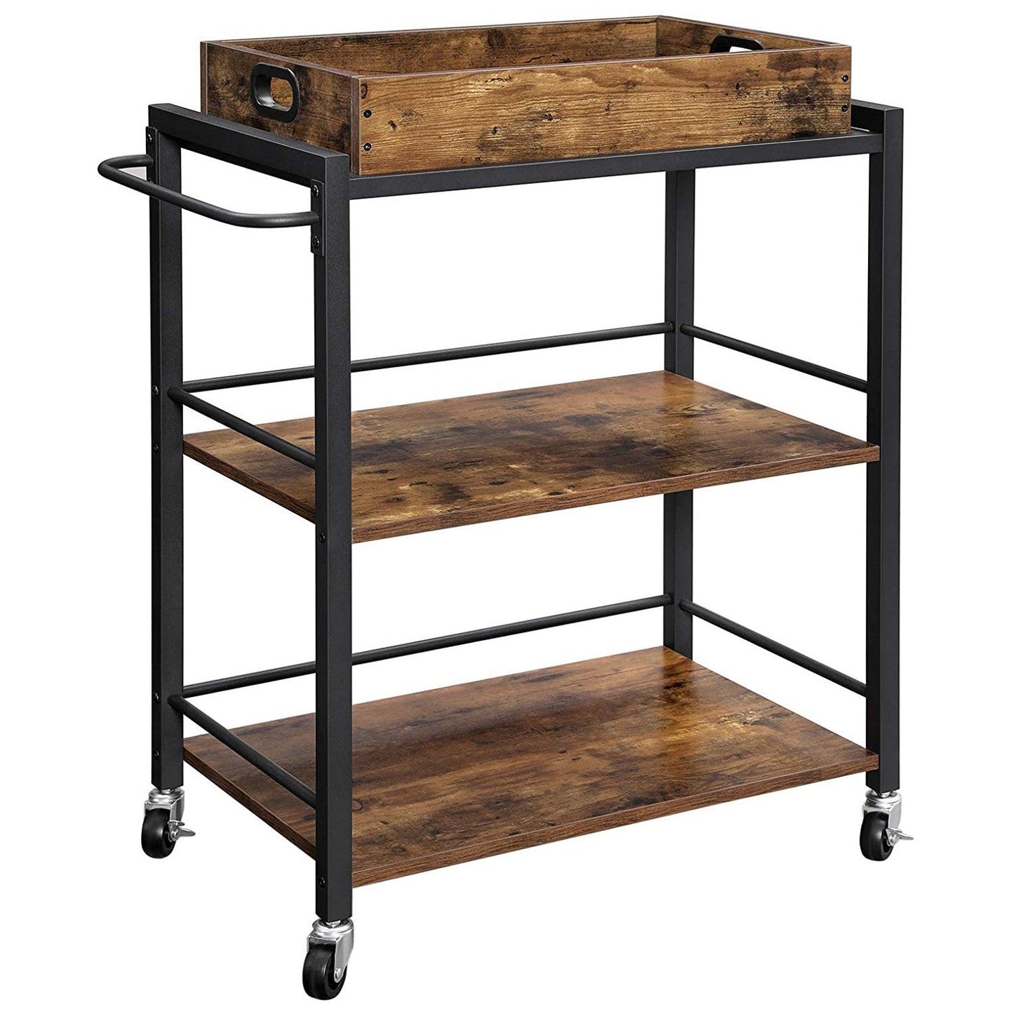 Benzara BM217112 Brown and Black Tray Top Wooden Kitchen Cart With 2 Shelves and Casters