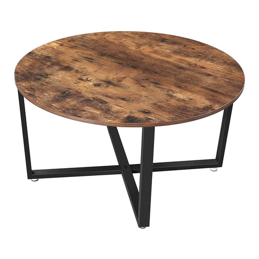 Benzara BM217113 Brown and Black Round Wood Top Metal Frame Coffee Table With Tubular Legs