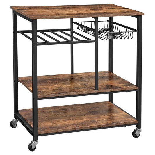 Benzara BM217118 Brown and Black Caster Supported Wood and Metal Kitchen Cart With 3 Shelves