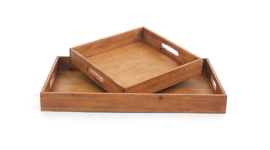 Benzara BM217293 Brown Rectangular Wooden Serving Tray With Cut Out Handles, Set of 2